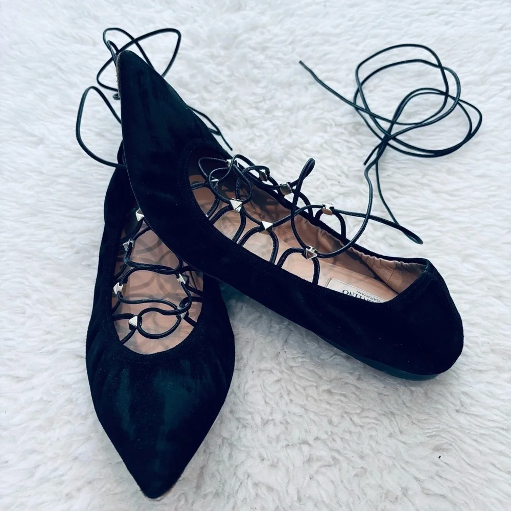 Garavani Valentino Strappy Black Suede Leather Lace-Up Flats size EU 40 US 8